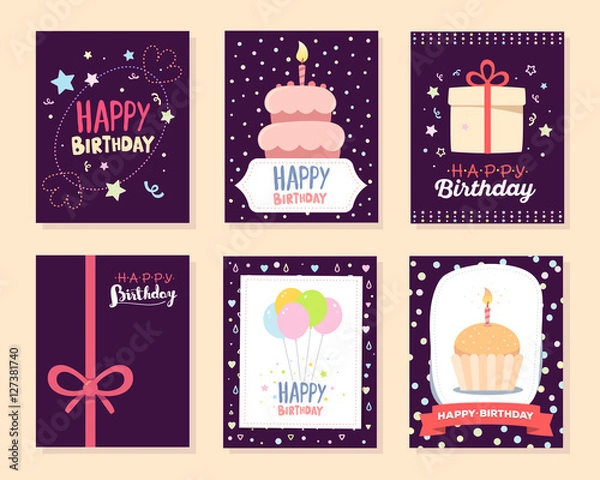 Obraz Vector set of colorful illustration. Happy birthday template pos