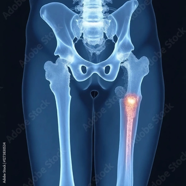 Fototapeta A side-by-side X-ray-style medical illustration comparing a healthy bone structure with an osteoporotic bone. 