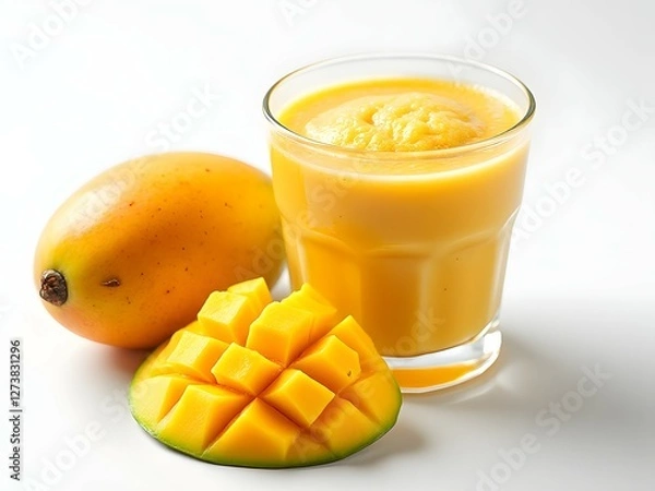 Obraz Mango smoothie in glass with fresh mango fruit on white background, tropical drink