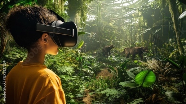 Fototapeta Girl in VR headset exploring virtual jungle with animals.