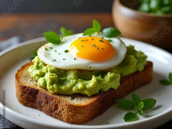 Fototapeta Whole grain toast with mashed avocado and fried egg, healthy lifestyle, easy recipes