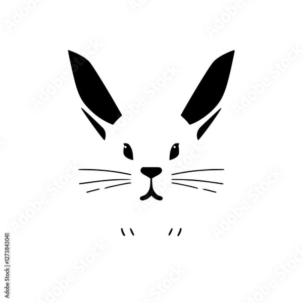 Fototapeta Stylized, minimalist illustration of a rabbit's face, with black ears, eyes, nose, and whiskers.