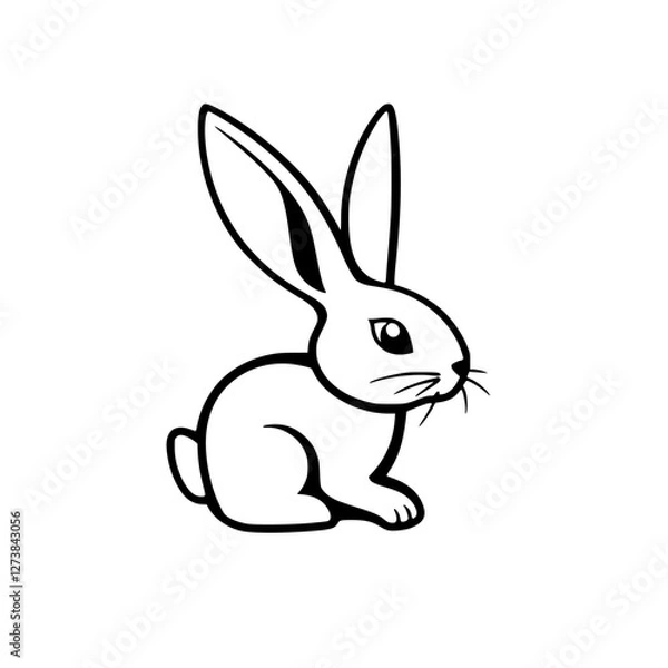 Fototapeta Simple monochrome sketch of a sitting rabbit, a black and white illustration of a rabbit against a white background.