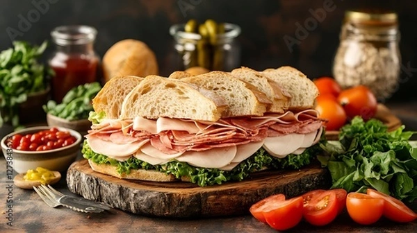 Fototapeta Delicious Cold Cut Sandwich on Rustic Board with Fresh Ingredients