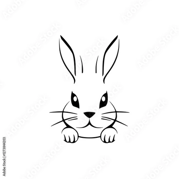 Fototapeta Black-and-White Bunny: Minimalist Line Drawing of a Rabbit with Large Ears, Whiskers, and Paws, in a Clean White Background.