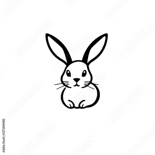 Fototapeta Adorable Black-and-White Rabbit Cartoon on White Background, Simple, Minimalist, Cute, Simple, Design, and clean.