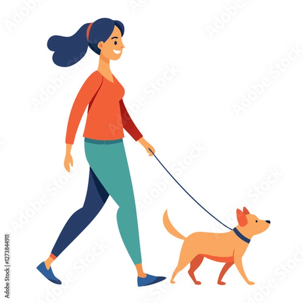 Fototapeta A woman walks through a lively park with her adorable dog on a leash. They both appear joyful, enjoying the outdoor air and sunshine together while making their way along the path