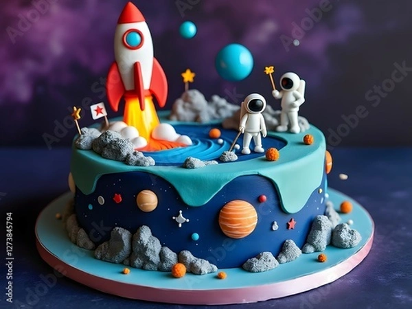 Obraz Space-themed birthday cake with fondant astronauts, rocket ship, planets and edible rocks, intergalactic design in deep blues and purples