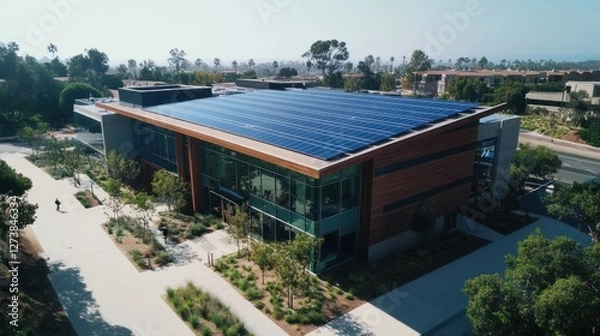 Fototapeta Modern building with solar panels on roof, aerial view.