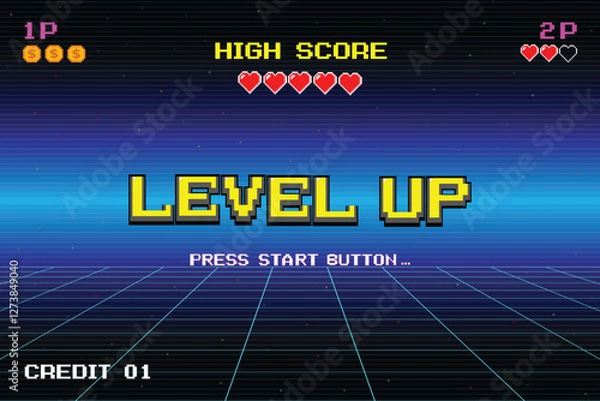 Fototapeta LEVEL UP. press start button. Retro Futurism Sci-Fi Background. glowing neon grid. and stars from vintage arcade computer games