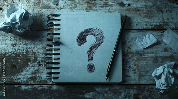 Fototapeta Uncertainty lingers, A sketched question mark, a crumpled paper landscape, a reflective mood