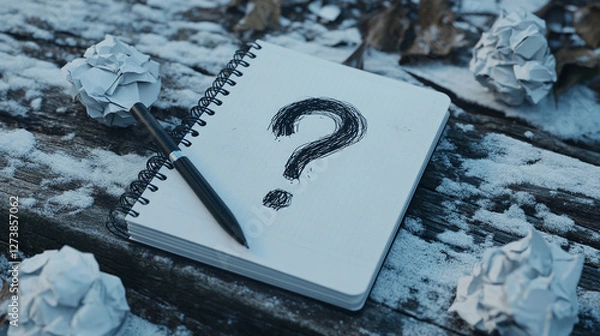 Fototapeta Existential inquiry, Question mark sketch in a notepad surrounded by crumpled paper balls