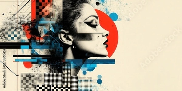 Obraz Abstract digital art showcases a layered, colorful woman’s face against a stark black-and-white backdrop. A bold red circle accentuates her mysterious expression. 