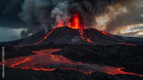 Fototapeta Erupting volcano with flowing lava and smoke. A powerful volcano erupts, spewing lava and thick smoke into the dark sky, with molten rivers flowing down its slopes in a fiery display. 
