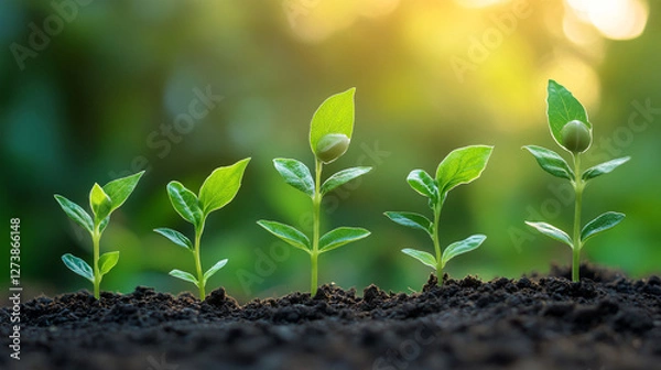 Fototapeta From Tiny Sprouts to Verdant Futures, A Progression of Seedlings Embracing Sunlight
