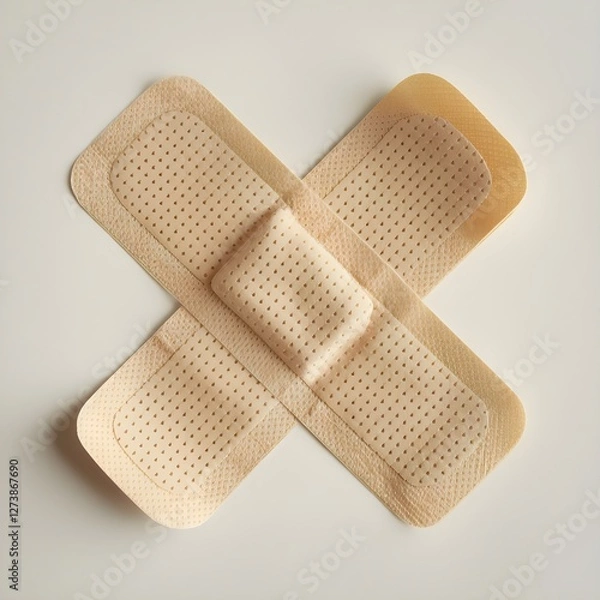 Fototapeta Ultra-Realistic Medical Kit Fabric Bandages in X Shape – Natural Textured Adhesive Strips for First Aid, Healthcare, and Emergency Wound Care on White Background