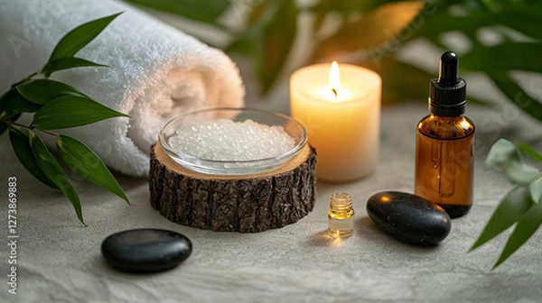 Fototapeta Serene spa atmosphere featuring a candle, massage stones, and aromatherapy essential oils