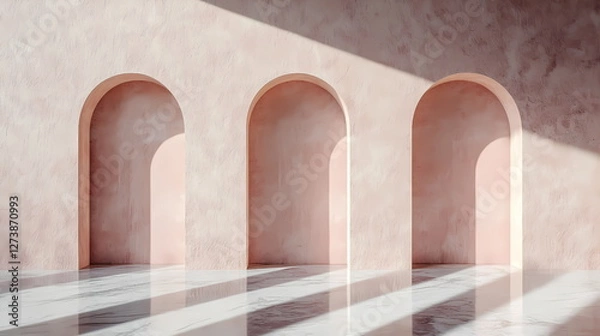 Fototapeta Sunlight illuminating three arches and marble floor in a pink wall