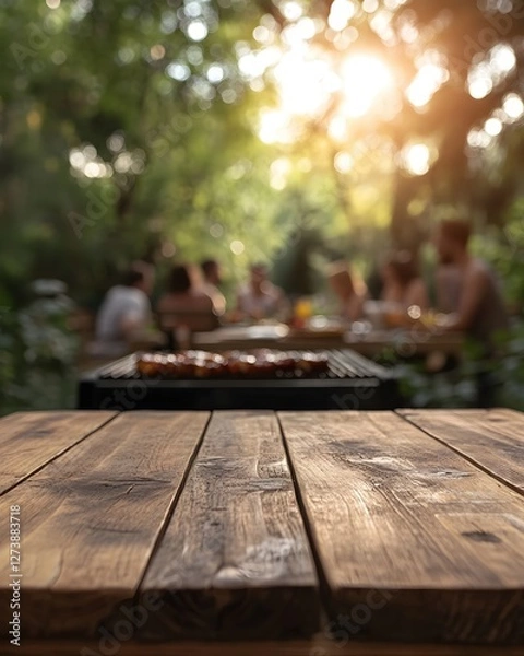 Fototapeta Rustic wooden table with barbecue grill and happy people enjoying summer picnic in garden