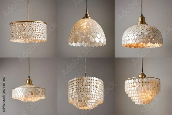 Obraz Six unique pendant lamps with gold-colored shells and white or beige shades hang from black strings against a gray wall, creating a harmonious and visually appealing display