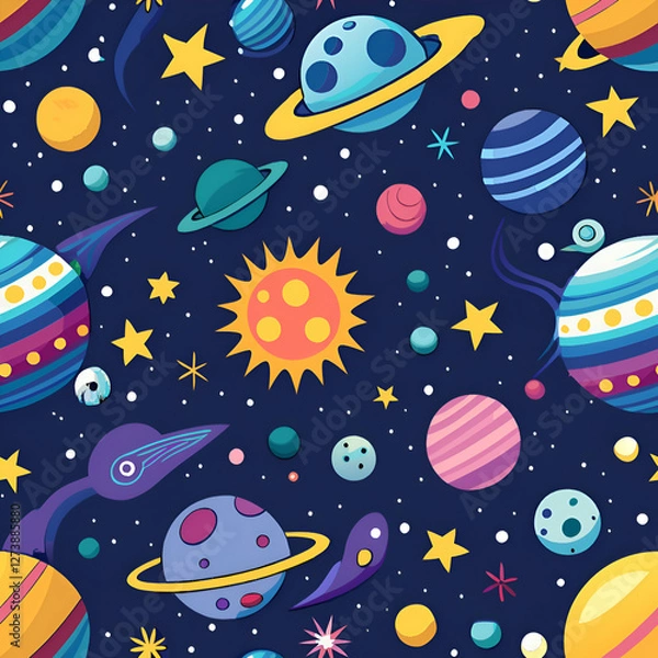 Fototapeta A whimsical and colorful space pattern with planets. stars. and comets.