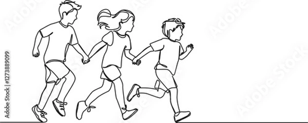 Obraz continuous single line drawing of three young kids running hand in hand, line art vector illustration