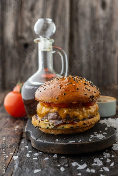 Obraz Burger over a wood background