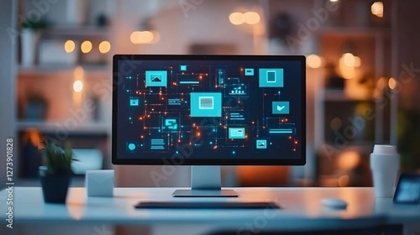 Obraz A computer display on a desk shows a web design studio page with floating modules on a computer display, ideal for digital design, UI/UX, and branding, digital innovation and online marketplaces