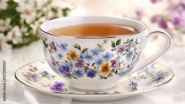 Fototapeta A delicate cup of tea rests on a beautifully designed saucer adorned with a floral pattern, showcasing elegance and tranquility.