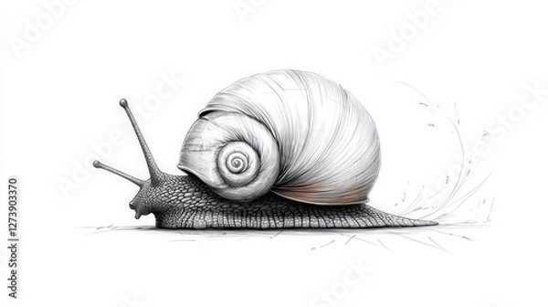 Fototapeta Detailed sketch of a snail with textured shell on white background