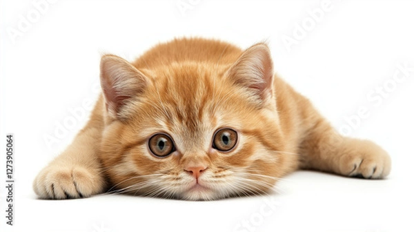 Fototapeta a close up of british shorthair cat in orange  color fur  sleeping on  floor isolated on white background 