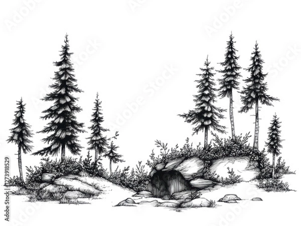 Obraz Isolated Pine Forest Scene Sketch