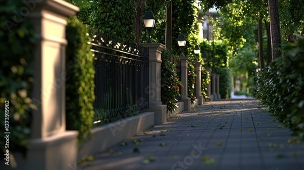Fototapeta Serene tree-lined pathway with lush greenery and lampposts in a tranquil urban setting