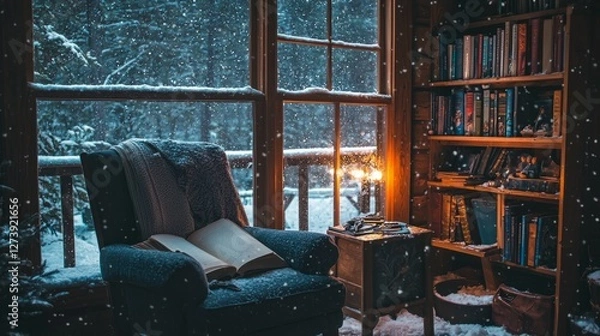Fototapeta Cozy Reading Nook with Snowy Window and Warm Library Atmosphere