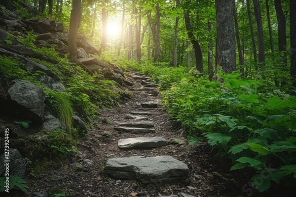Fototapeta A clear pathway with rocks forming over it in the middle of a luscious green wild forest on a bright sunny day, professional nature photography