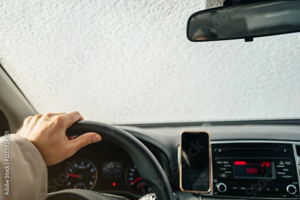 Fototapeta A man's hand on the steering wheel of a car and glass with zero visibility in the snow. The problem and danger of driving in winter.