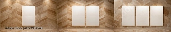 Obraz Blank Canvases on Herringbone Marble Wall – A Triptych Balancing Geometry, Texture, and Minimalist Composition