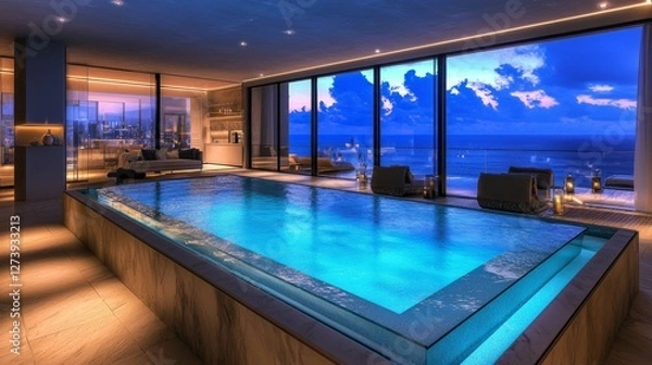 Fototapeta Luxurious Indoor Pool with Ocean View and Modern Design Elements
