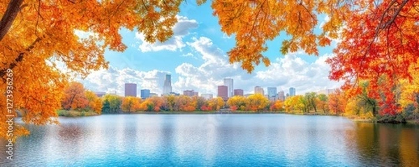 Obraz Loring Park in Minneapolis during fall, with a picturesque lake and colorful trees framing the scene