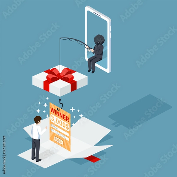 Fototapeta Thief Hacker sent a fake a gift reward. fraud scam and stealing user information by pretending to win a prize. Vector illustration flat design for cyber criminal awareness concept.