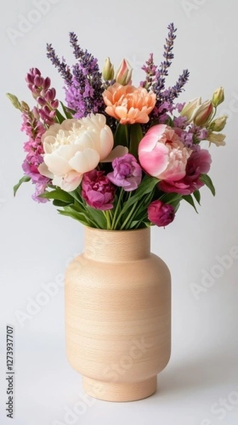 Fototapeta Colorful floral arrangement in a wooden vase with a variety of blooms and greenery during daylight