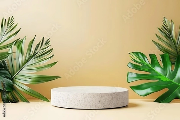Fototapeta Minimalist display with concrete platform and lush green leaves against a soft beige background.