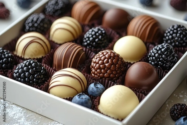 Obraz Assorted chocolate truffles and fresh berries create a delectable treat A perfect combination of sweetness and natural flavors