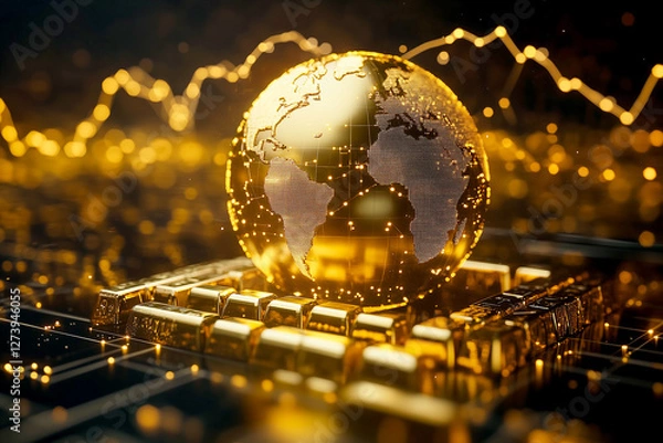 Fototapeta A glowing golden globe with interconnected financial graph lines, symbolizing international gold investment, wealth security, and financial growth, with gold bars at the base