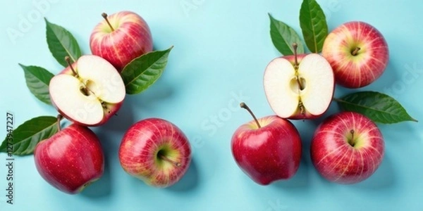 Fototapeta Red apples with green leaves on a light blue background, a vibrant and healthy still life composition featuring fresh, juicy fruit.