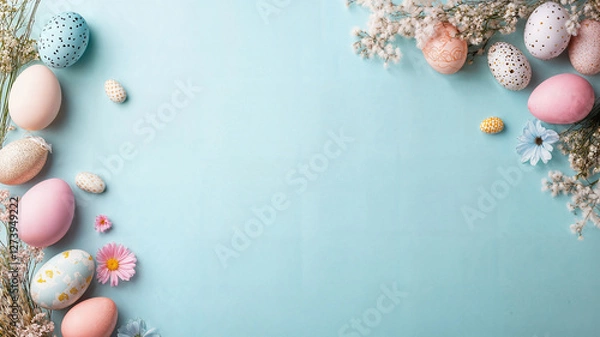 Fototapeta Easter egg frame background on a pastel blue space for copy