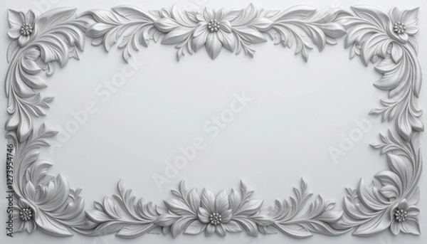 Fototapeta  Intricate silver leaf border with delicate patterns on a white backdrop ideal for luxury and elegant settings