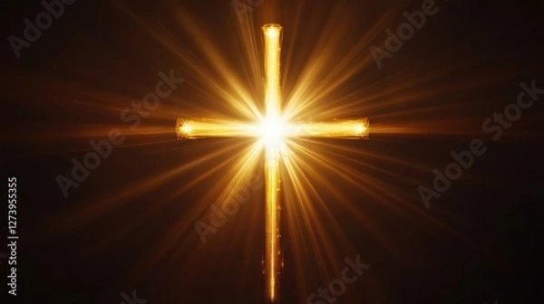 Fototapeta Glowing cross with bright light rays.