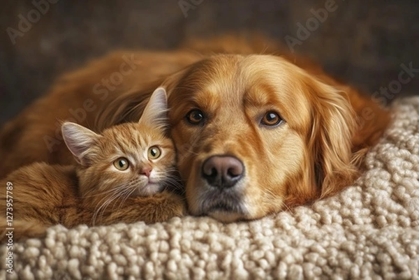Fototapeta Golden retriever and tabby cat cuddling on soft blanket in cozy setting