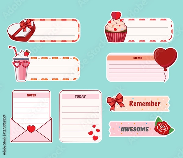 Obraz Cute paper notes for daily planner. Washi tape with cute patterns, to do, memo sheet stickers, blank diary decor elements vector set